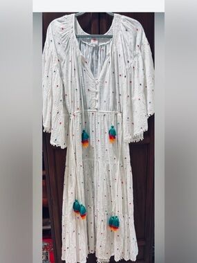 Boho Ivory Embroidered Midi Dress with Multicolor Tassels